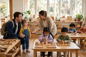 Parent and child touring a Montessori preschool in Langley