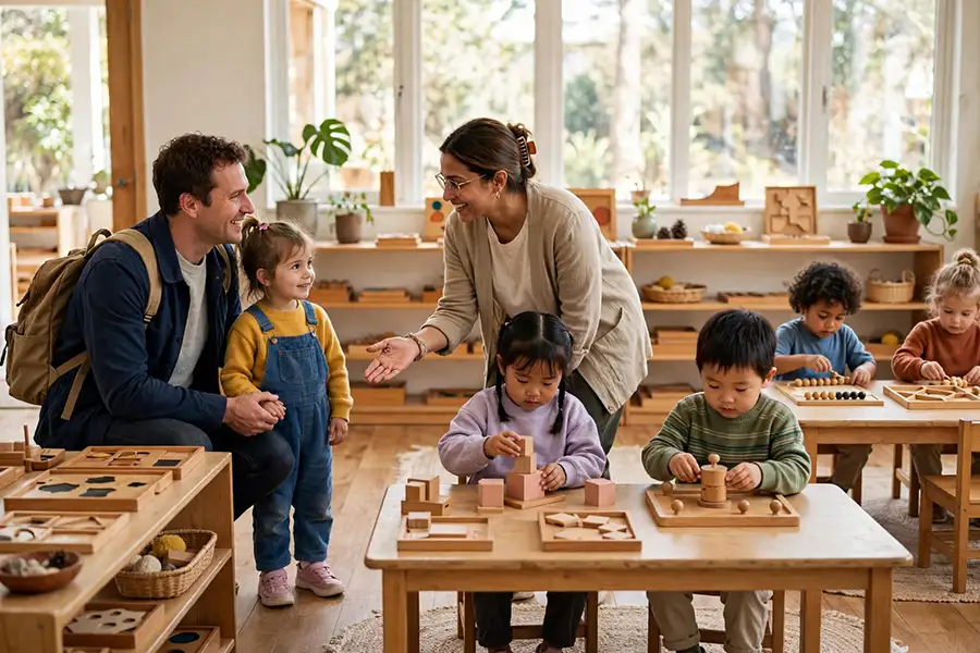 Parent and child touring a Montessori preschool in Langley