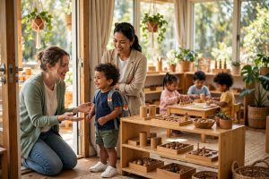 Parent and toddler touring a bright Montessori classroom offering child care in Surrey
