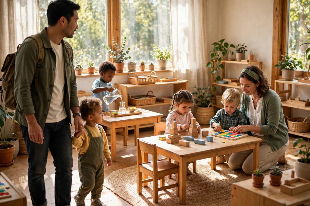 Parent and child touring a bright Montessori daycare in Surrey